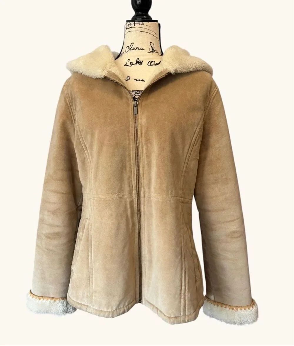 Sonoma Suede Leather Jacket Womens L Tan Sherpa Lined Hooded Full Zip Coat Warm